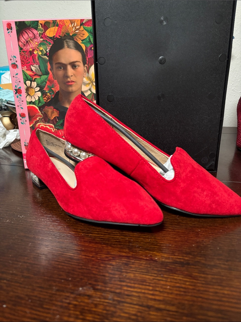 Red Suede Pointed Flats with Pearl-Embellished Low Heel